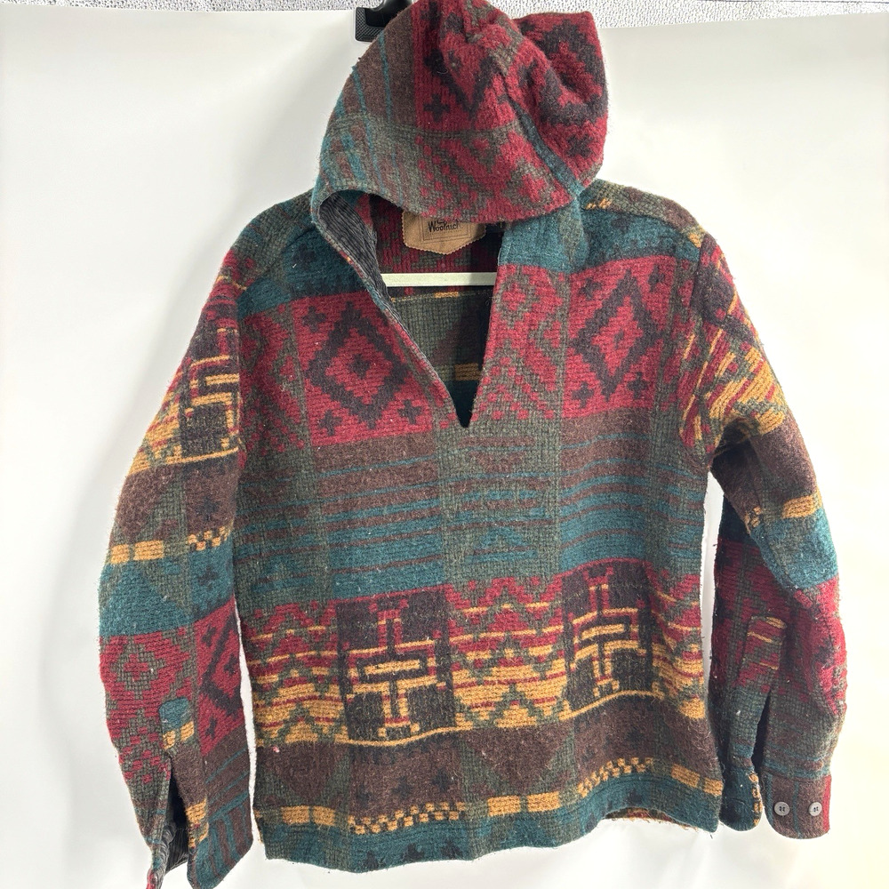 Vtg 80s 90s Woolrich Pullover Hoodie L Southwest Aztec Wool Baja USA Heritage